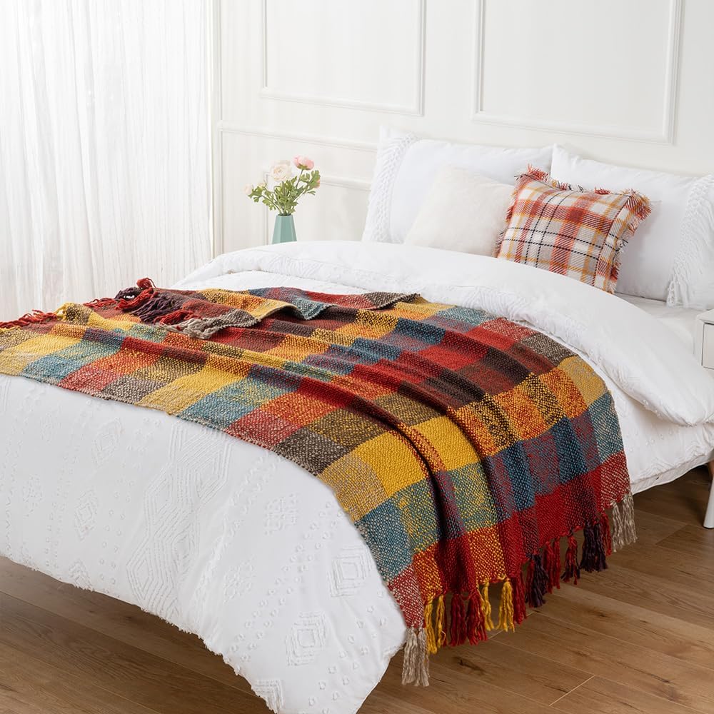 Fall Plaid Knit Tassel Throw Blanket