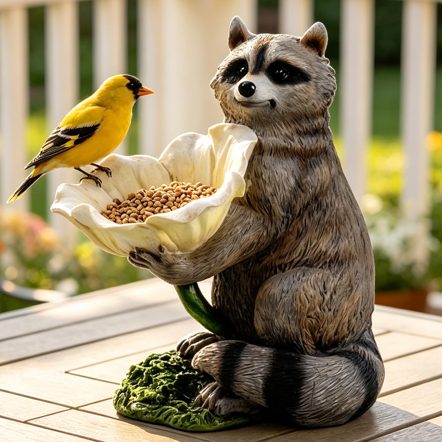 Resin Raccoon Bird Feeder Garden Statue