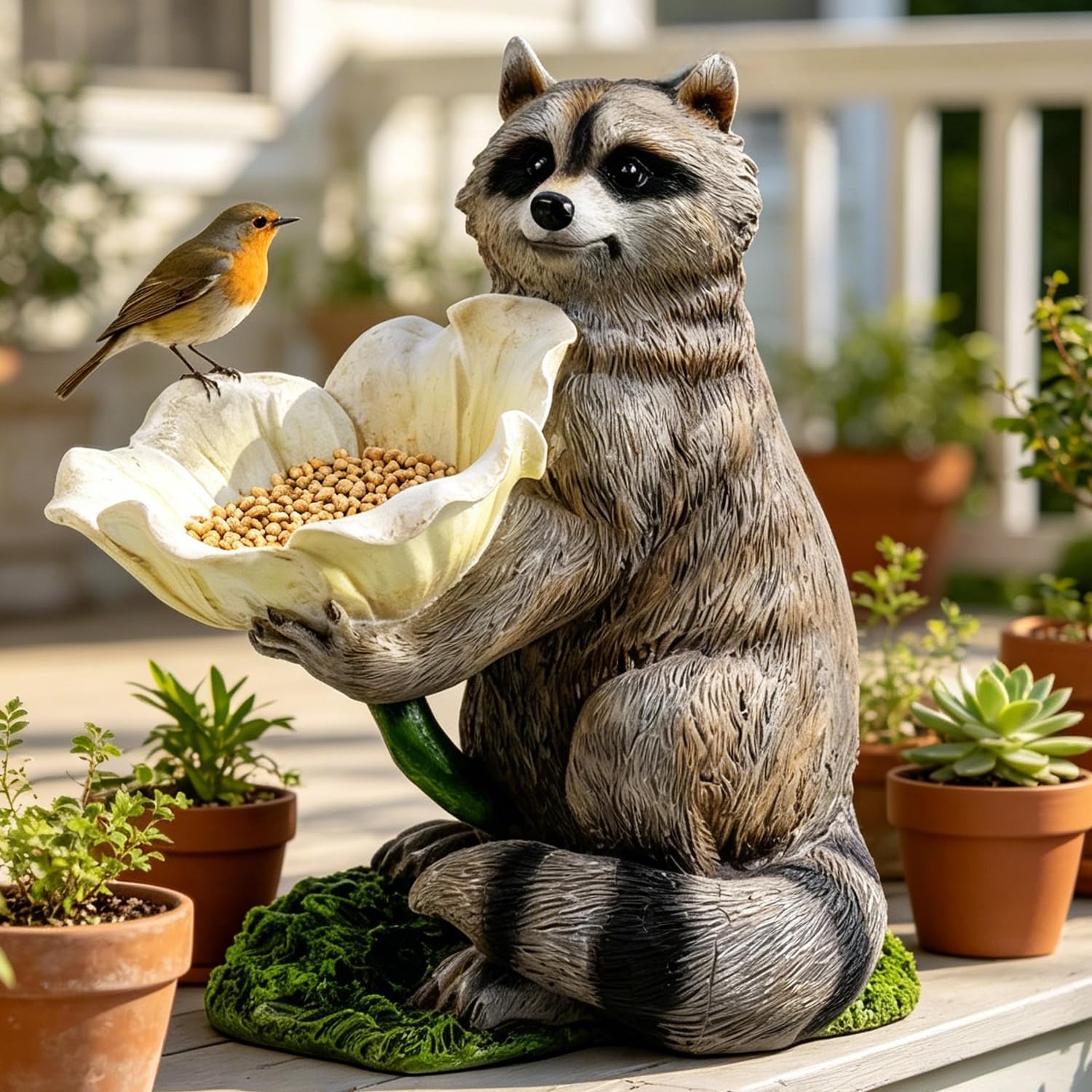 Resin Raccoon Bird Feeder Garden Statue
