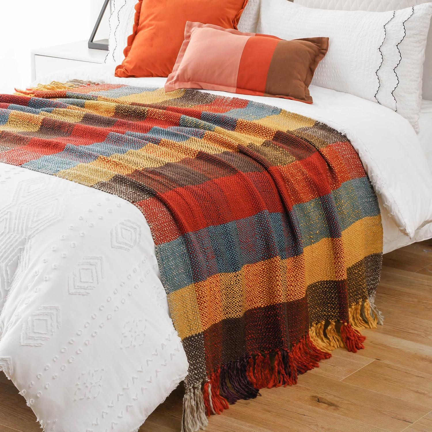Fall Plaid Knit Tassel Throw Blanket
