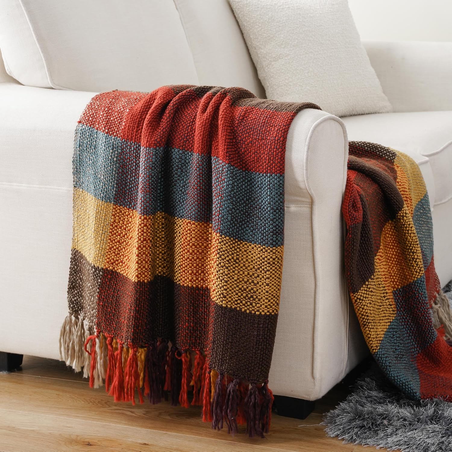 Fall Plaid Knit Tassel Throw Blanket