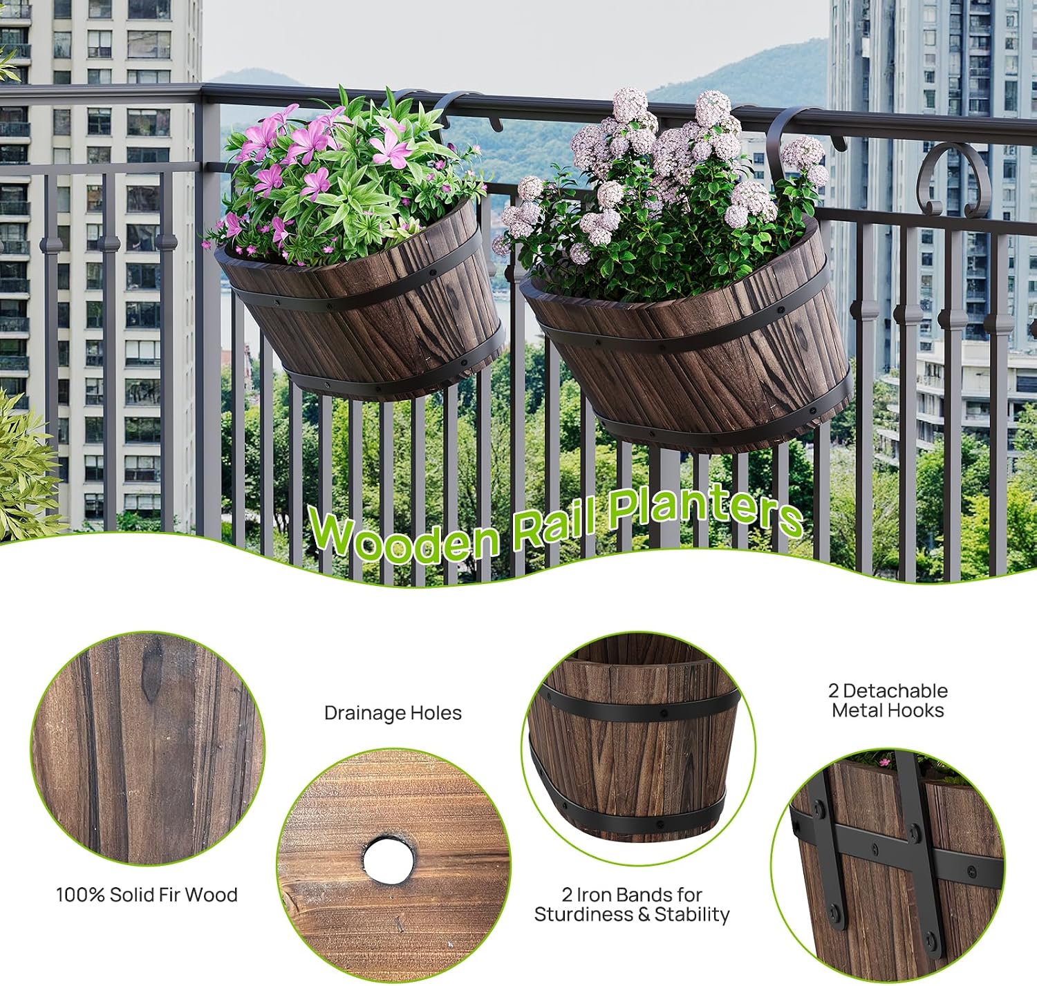 2Pack Wood Railing Planter Box