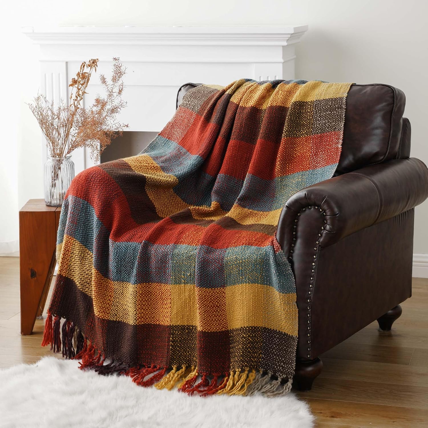 Fall Plaid Knit Tassel Throw Blanket