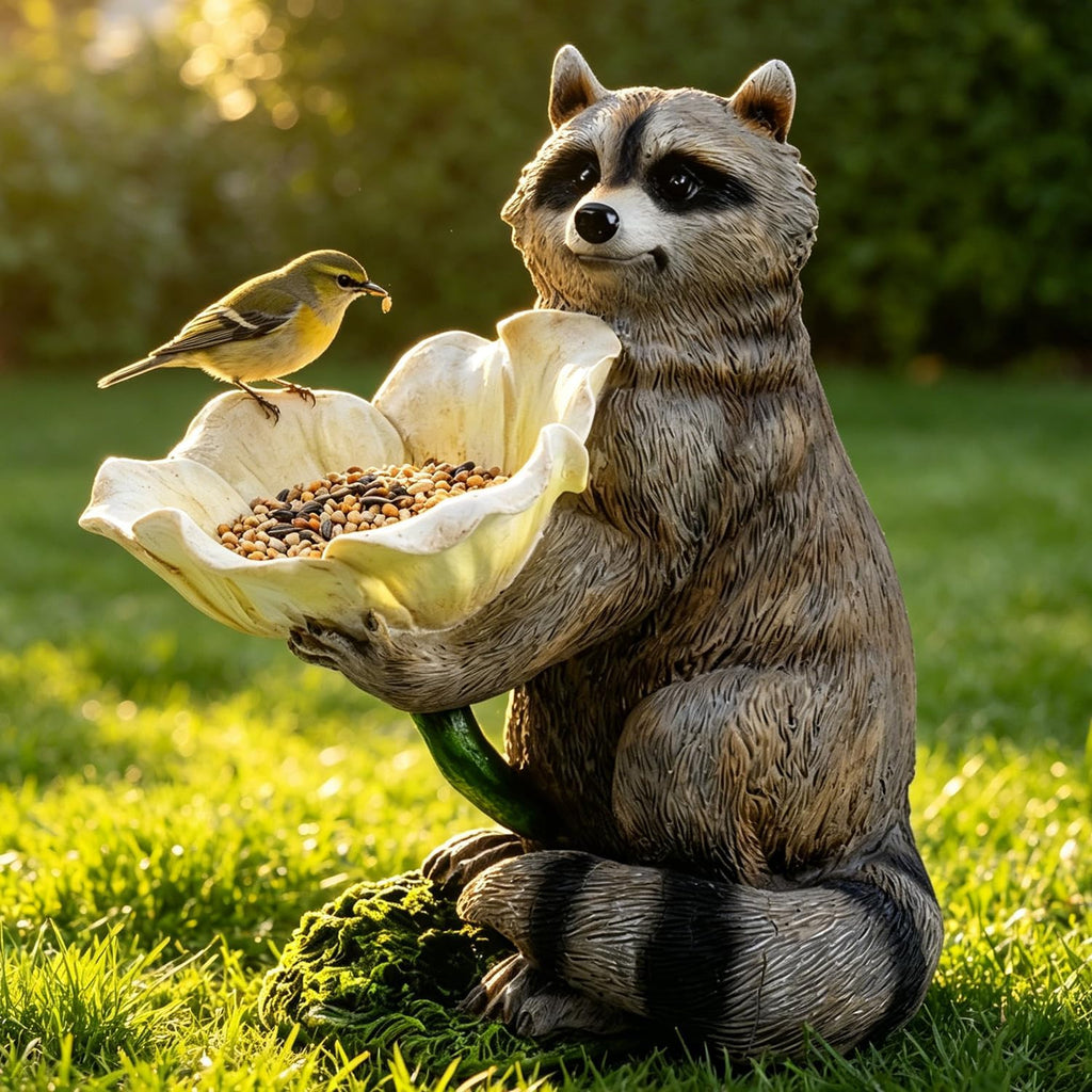 Resin Raccoon Bird Feeder Garden Statue