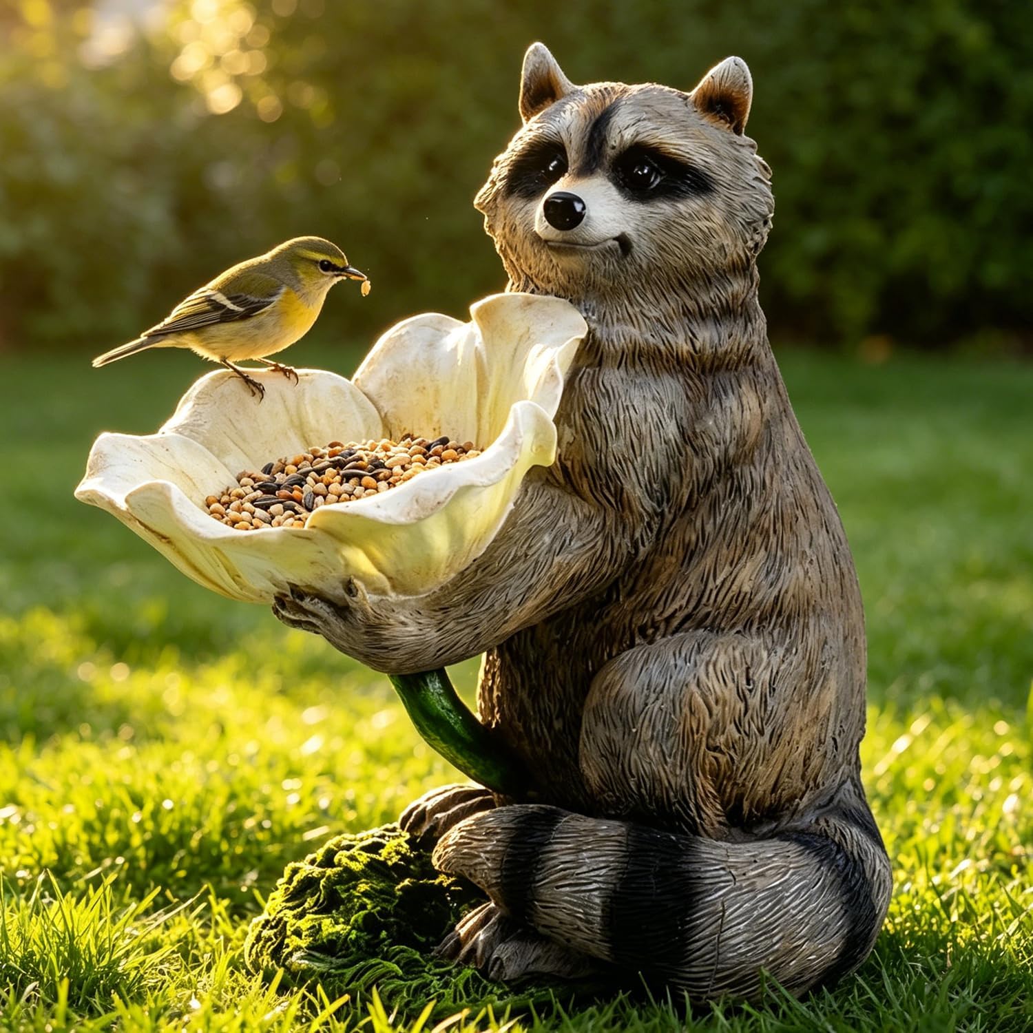 Resin Raccoon Bird Feeder Garden Statue