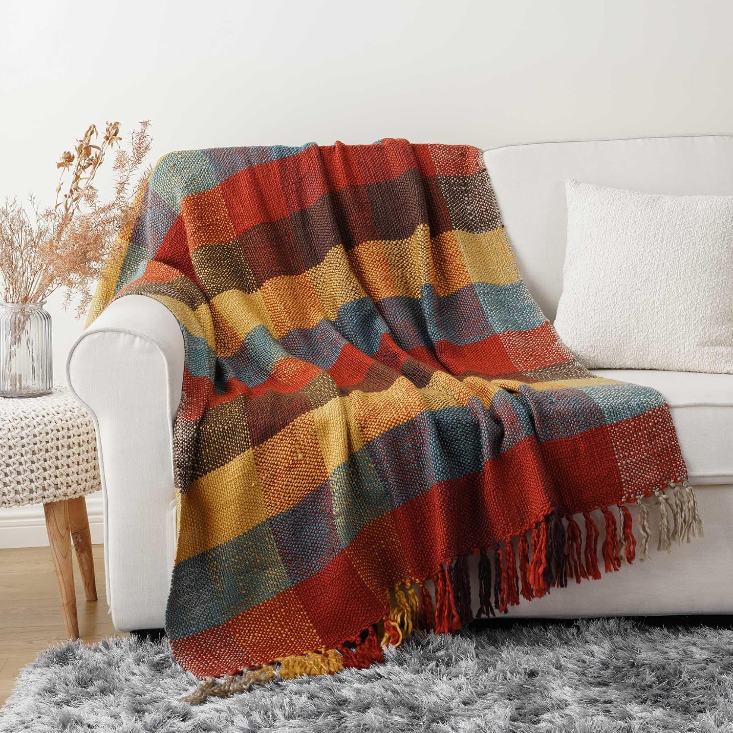 Fall Plaid Knit Tassel Throw Blanket