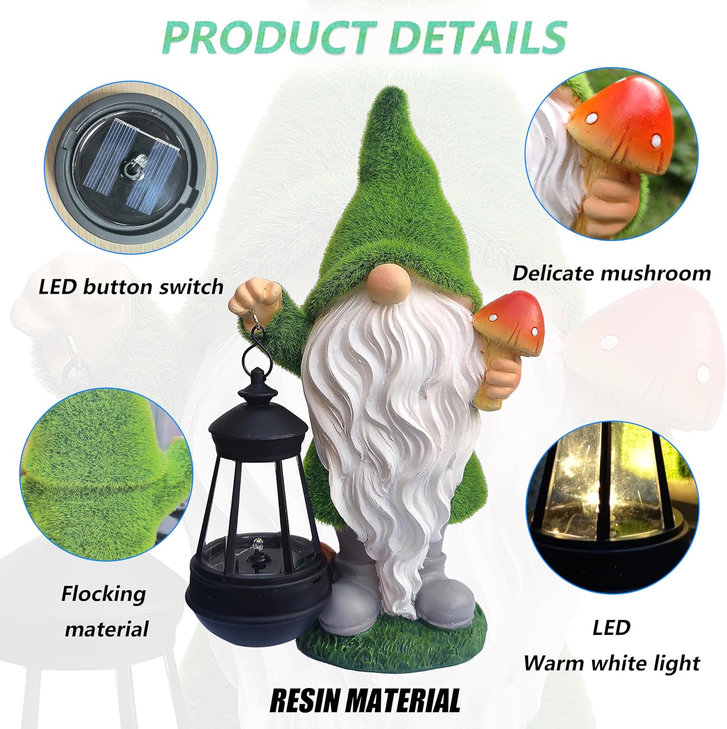 Solar Gnome Mushroom Garden Statue Decor